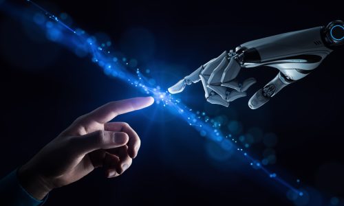 AI, Machine learning and Neural Networks . The robot's hand touches the human hand.