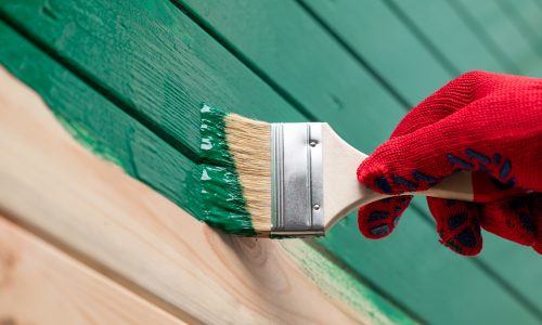 Close up of hand painting wooden wall with a brush. Painting outdoor building wall in green color