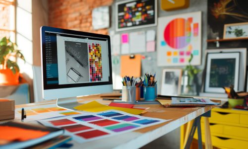 Colorful Graphic Design Workspace with Creative Tools