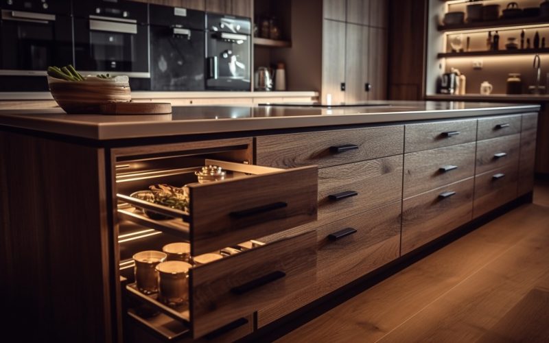 Modern kitchen design in luxury apartment interior generated by artificial intelligence