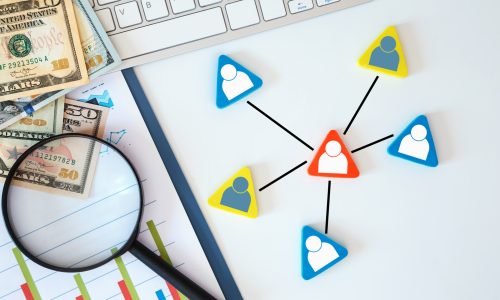 Organization structure, team building, recruitment, management and human resources concepts. Person icons linked to each other.