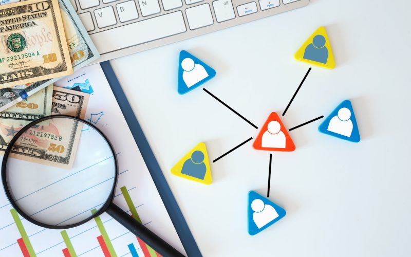 Organization structure, team building, recruitment, management and human resources concepts. Person icons linked to each other.